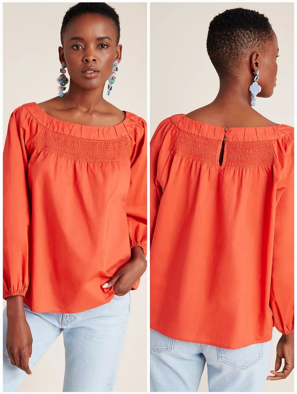 Anthropologie Maeve Jessie Smocked Swing Blouse Orange Size Medium